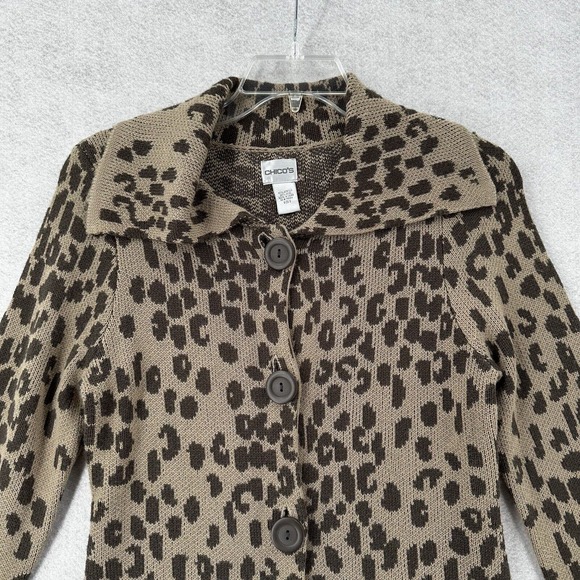 Chicos Leopard Cardigan Sweater Womens 0 SMALL Wool Brown Long Sleeve Long Line - Picture 3 of 14